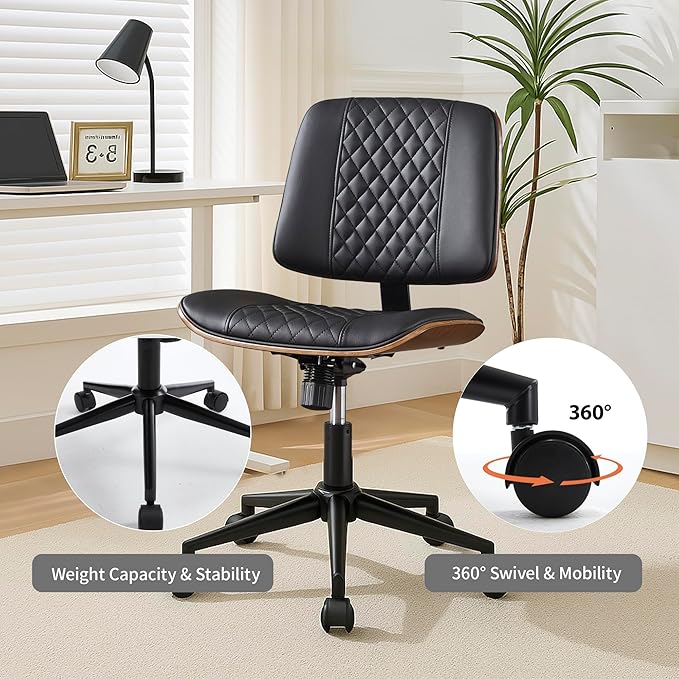 Modern Black Home Office Chair – Armless Mid-Back Desk Chair with PU Leather, Adjustable Height, Swivel Wheels, Walnut Wood Finish, Perfect for Small Spaces