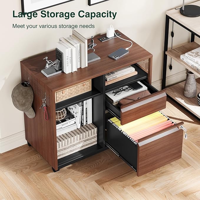 Mobile 2 Drawer File Cabinet,Metal File Cabinet with Lock,Lateral Printer Stand Filling Storage Cabinet for Home Office-A4/F4/Letter(Charging Socket)