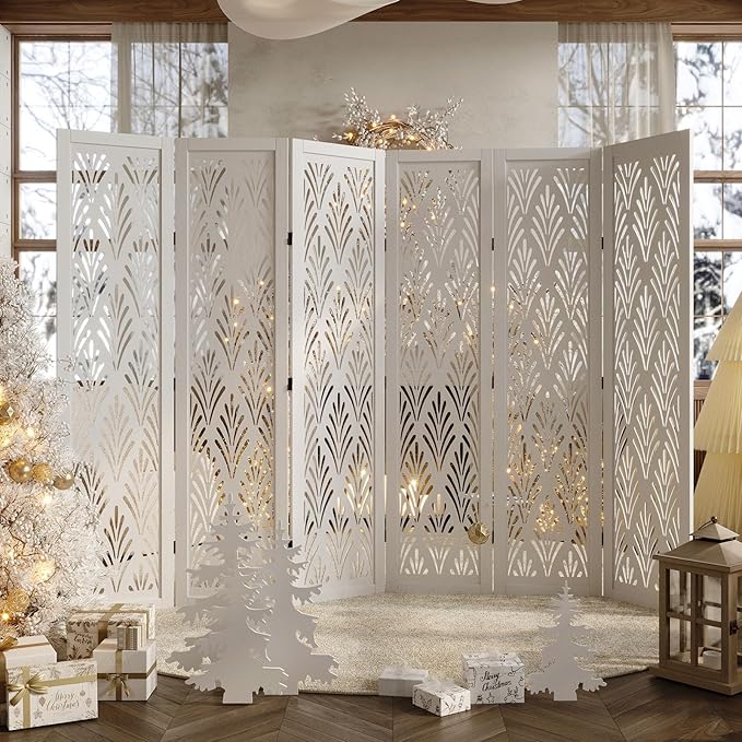5.6Ft Room Divider Folding Wood Simple Carved Partition Screen for Home Office Garden - 6 Panels (White)