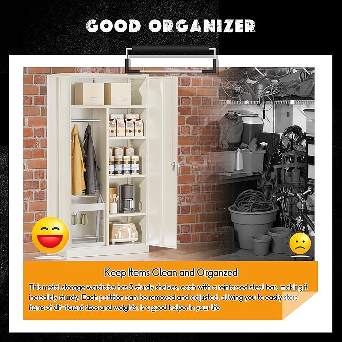 Greenvelly Metal Storage Cabinet with 2 Doors, Grey 72” Steel Storage Wardrobe Cabinet, Employees Locker Closet Clothing Coat Steel Wardrobe Cabinet with Hanging Rod for Garage, Gym, Home Office