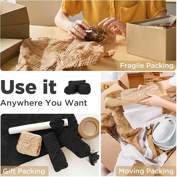 Honeycomb Packing Paper, 12"x200' Black | Perforated Honeycomb Packing Paper Recyclable Moving Supplies for Shipping & Moving | Plastic-Free Alternative to Bubble Cushion Wrap with 36 Fragile Stickers