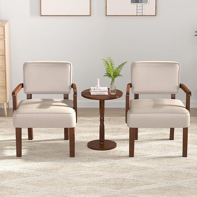 Accent Chair Set of 2 with Table, PU Leather Chair for Living Room Oversized Armchair with Soft Seat and Armrests for Bedroom Dinning Reading Waiting Room (Leather Beige)