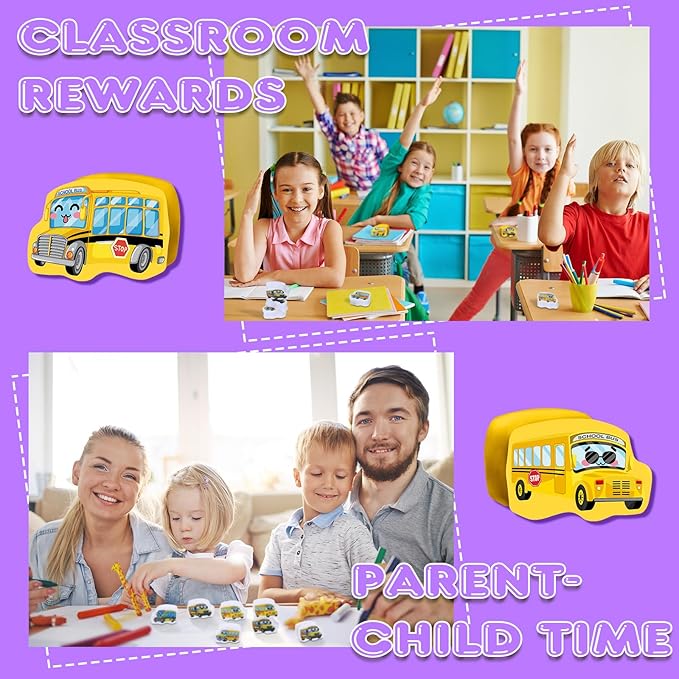 PerKoop 60 Pcs Mini Erasers for Kids Cute School Bus Erasers Bulk Welcome Back to School Gifts for Students Classroom Rewards Prizes Party Favors