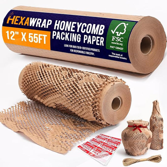 Honeycomb Packing Paper 12" x 55ft with Rope & 20 Fragile Stickers|Shipping & Moving Supplies|Small Business Packaging Supplies|Eco Friendly Bubble Wrap Packing Boxes for Moving Certified FSC C204227