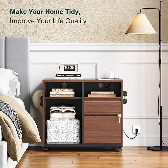 Mobile 2 Drawer File Cabinet,Metal File Cabinet with Lock,Lateral Printer Stand Filling Storage Cabinet for Home Office-A4/F4/Letter(Charging Socket)