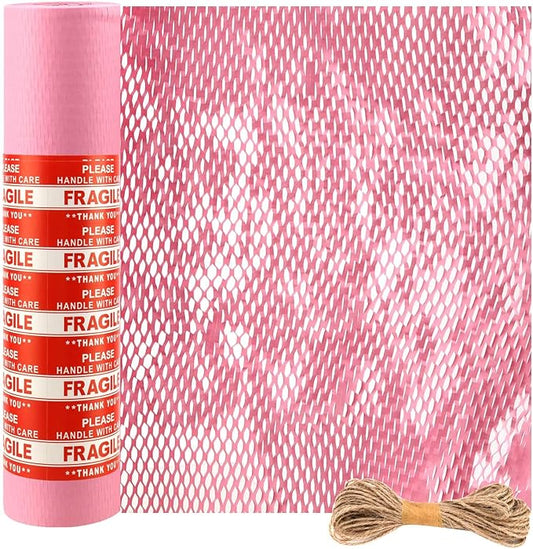 JAPCHET 15 In x 164 Ft Pink Honeycomb Packing Paper, Honeycomb Paper with Sticker Labels and 10 m Rope Honeycomb Wrap Roll for Packaging and Shipping
