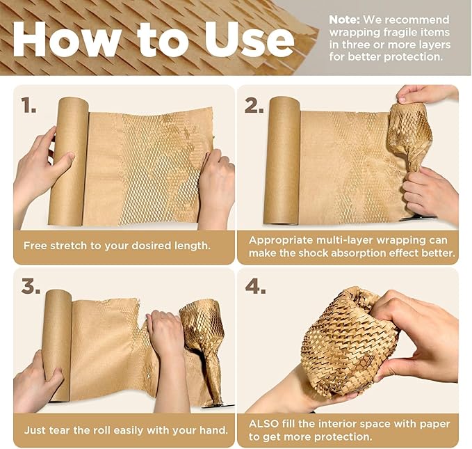 Honeycomb Packing Paper, 12"x200' Brown | Perforated Honeycomb Packing Paper Recyclable Moving Supplies for Shipping & Moving | Plastic-Free Alternative to Bubble Cushion Wrap with 36 Fragile Stickers