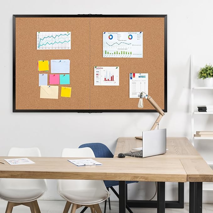 Board2by Extra Large Cork Bulletin Board 60" X 36", Foldable Notice Pin Board for Wall, Black Wood Framed 5'x3' Corkboard, Wall Mounted Noticeboard with 36 Push Pins for School, Home & Office