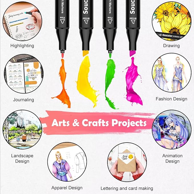 Soucolor Alcohol Markers, 80 Colors Dual Brush Tip Permanent Art Coloring Marker for Book Painting Card Making, Art Supplies Gift Box for Adults Teens Kids Boys Girls 8-12