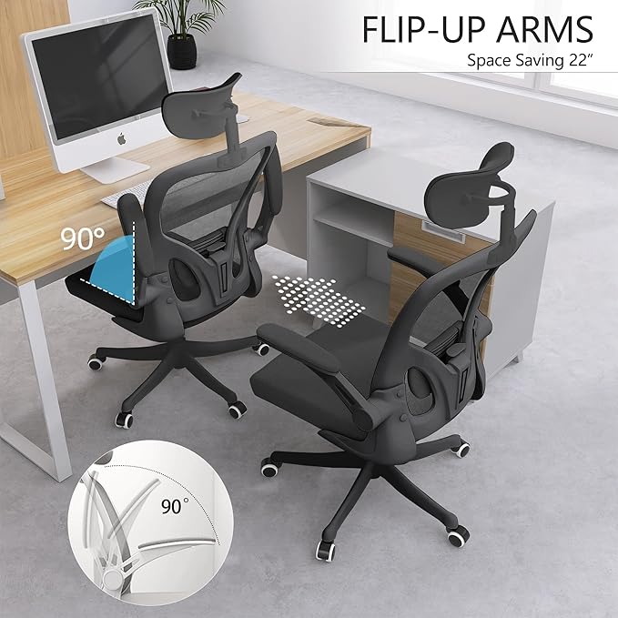 Ergonomic Office Chair, High-Back Mesh Computer Desk Chair with Adjustable Height, Lumbar Support, Flip-Up Armrests,headrest,and Swivel Rolling Design for Home and Office Use