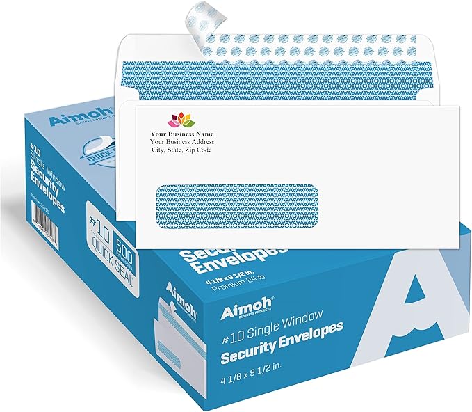 Aimoh #10 Custom Printed Single Left Window Self Seal Security Envelopes, Text and Logo Customization, Self Sealing Closure, Security Tinted, Size 4-1/8 x 9-1/2 Inches, 24 LB, 100 Count (72352-100)
