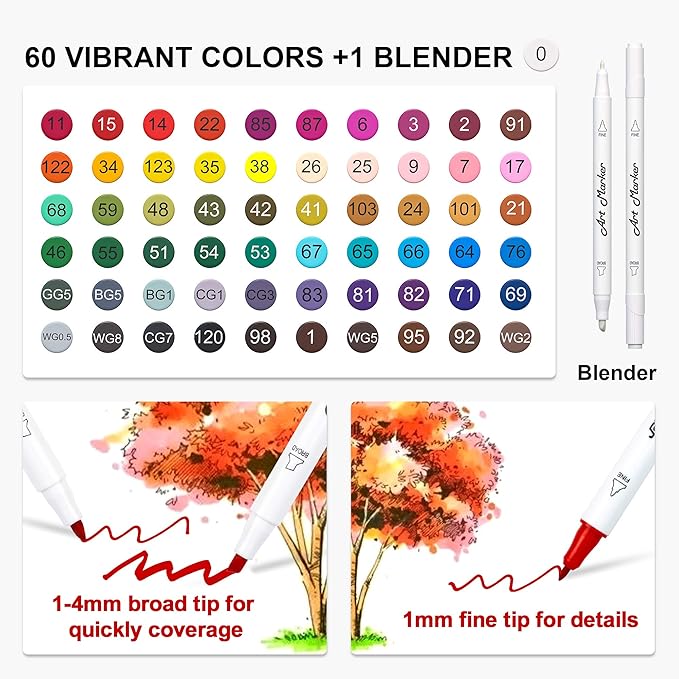 Lelix 61 Colors Alcohol Art Markers, 60 Colors Plus 1 Blender Dual Tip Permanent Marker Pens Highlighters Perfect for Kids Adults Artist Drawing Sketching Card Making & Coloring Books