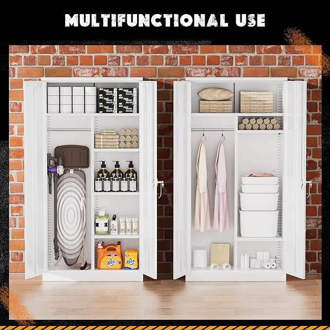 Greenvelly Metal Storage Cabinet with 2 Doors, White 72” Steel Storage Wardrobe Cabinet, Employees Locker Closet Clothing Coat Steel Wardrobe Cabinet with Hanging Rod for Garage, Gym, Home Office