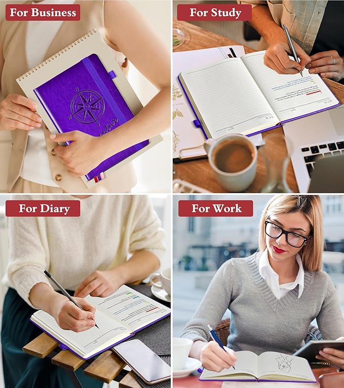 Lined Journal Notebook for Men Women, 160 Pages Ruled Paper, Inner Pocket, A5 Hardcover Vintage Leather Notebooks for Work, School, Travel Journaling, Daily Diary, Notepad 5.8" x 8.5" (Purple)