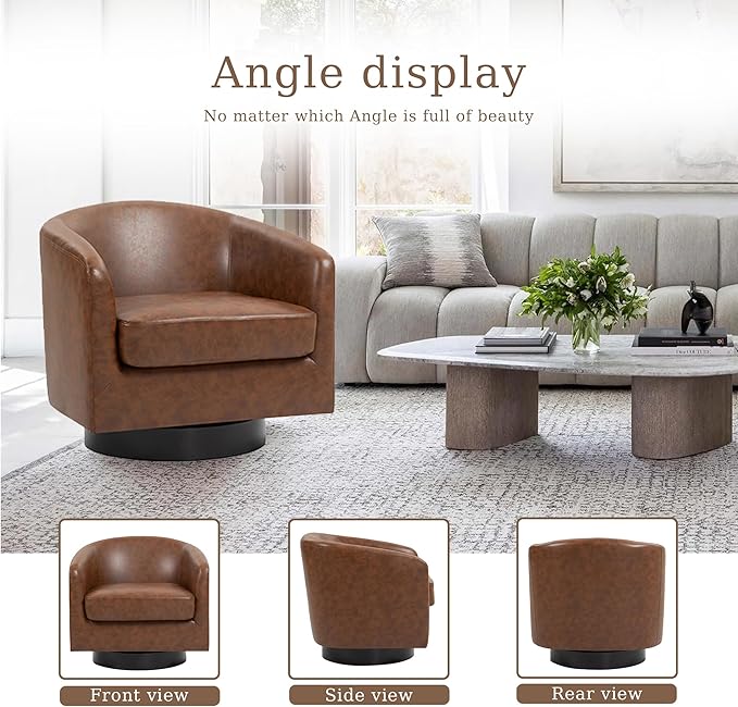 UIXE Faux Leather Swivel Accent Chair with Wood Base, Modern Upholstered Barrel Chairs for Living Room, Comfy Round Armchair Single Sofa Bedroom Reading Seat - 31" W, Coffee