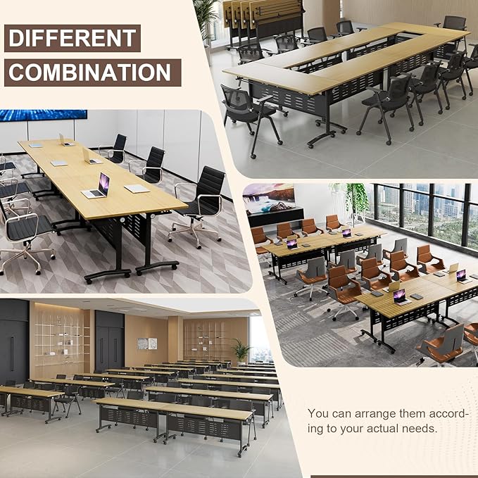 Folding Conference Room Table, Modern Conference Tables with Wheels, Large Rectangular Mobile Training Tables for Office Classroom, Foldable Modular Boardroom Seminar Table Maple (2pack L63in)