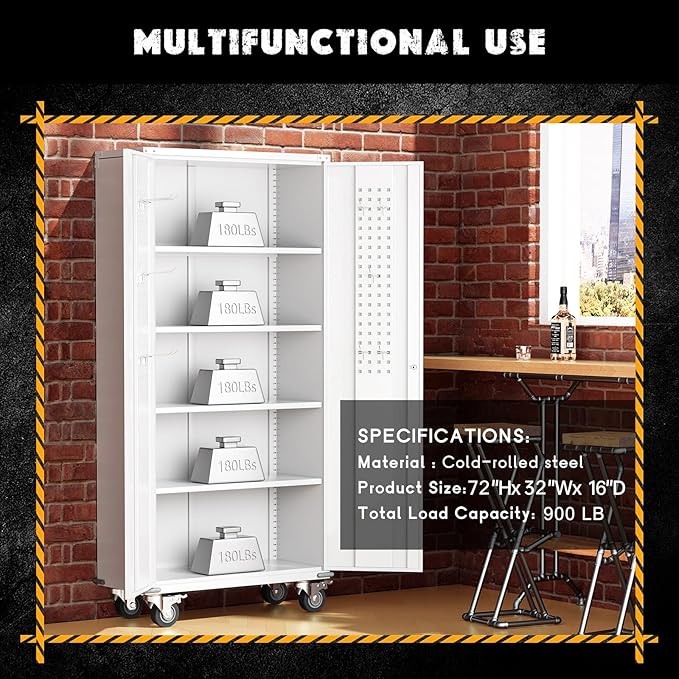 Greenvelly 72" Metal Storage Cabinet with Wheel and Pegboard, Lockable White Metal Garage Cabinets with 2 Doors and 4 Adjustable Shelves, Rolling Steel Tool Cabinet for Garage, Home Office, School