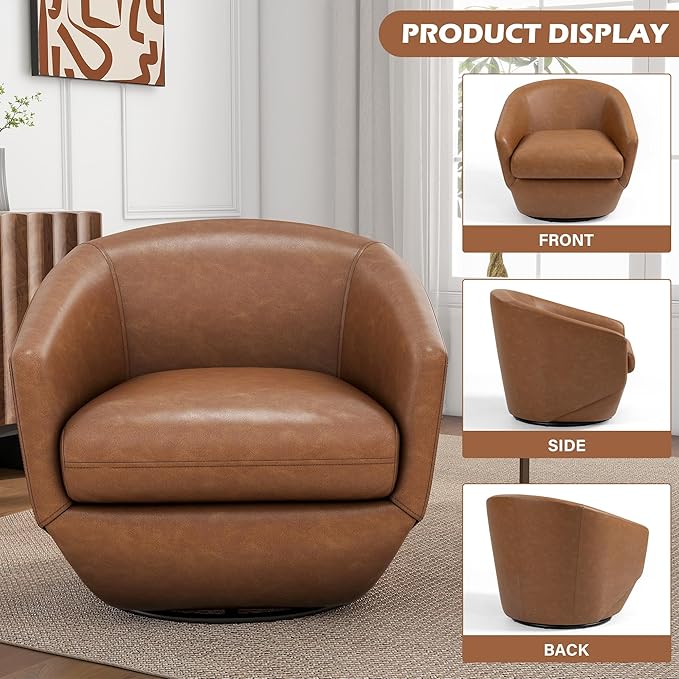 UIXE 360° Swivel Barrel Accent Chair, PU Leather Upholstered Club Armchair for Living Room, Modern Round Arm Chair Single Sofa Bedroom Reading Seating (Brown)
