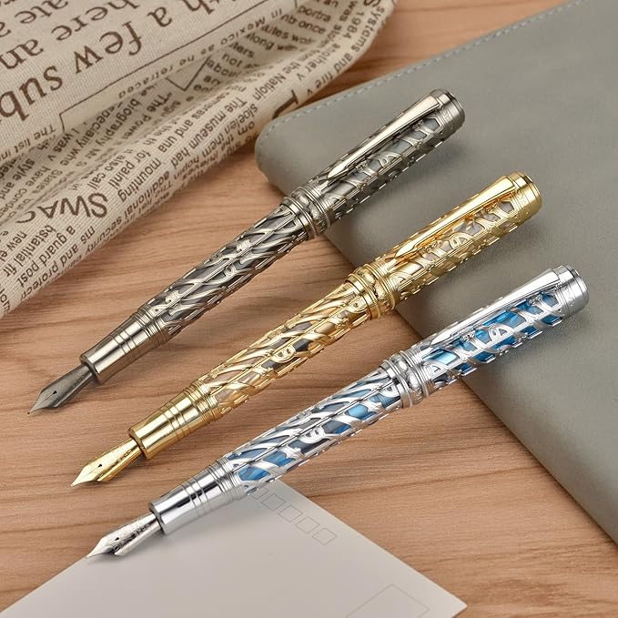 Hongdian A6 Piston Fountain Pen Extra Fine Soft Nib, Golden Hollow Skeleton & Transparent Resin Pen with Metal Case Set