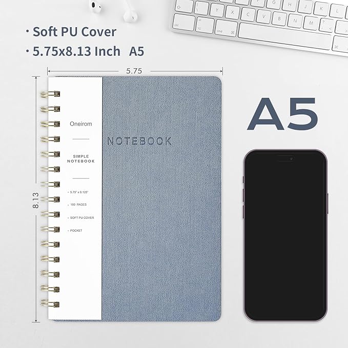 Spiral Notebook-5.75" x 8.125" College Ruled Journal with Inner Pockets and 160 Pages,PU Leather Cover Business Journal, Twin-Wire Binding Notebook Perfect for Office & Home School Supplies