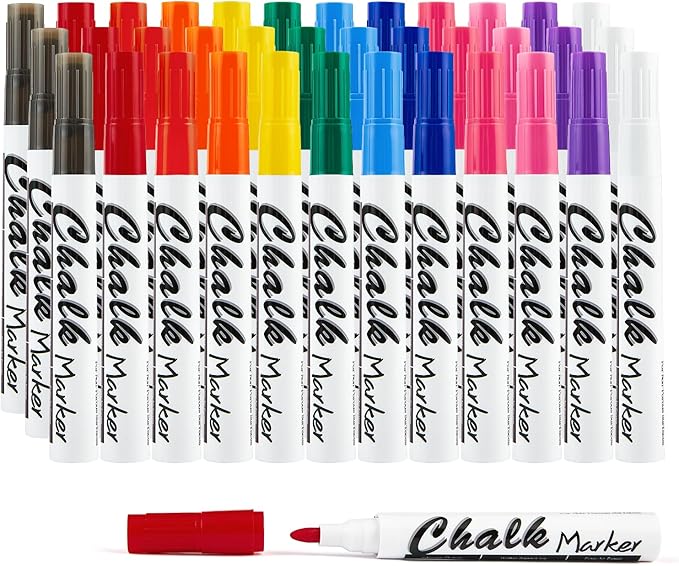 Volcanics Liquid Chalk Markers 36 Pack – 12 Bright Colors – Wet Erase, Dust-Free, Non-Toxic Chalk Pens with Round Tip for Teachers, Classrooms, Chalkboards, Glass, Windows, LED Boards, Bistro Signs