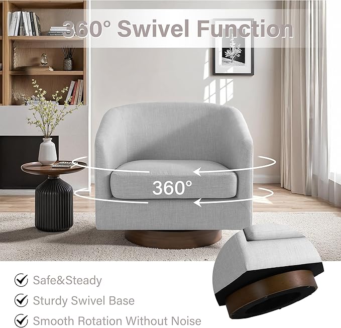 UIXE Swivel Accent Chairs Set of 2, Fabric Upholstered Barrel Chair for Living Room, Comfy Round Armchair Single Sofa Bedroom Reading Seat - 31" W, Light Gray