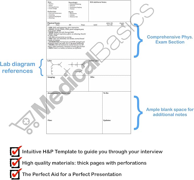 H&P notebook - Medical History and Physical notebook, 100 medical templates with perforations