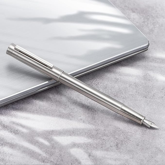 Hongdian 1861 Stainless Steel Fountain Pen Medium Nib, Classic Design Smooth Writing Pen with Converter and Metal Pen Case Set