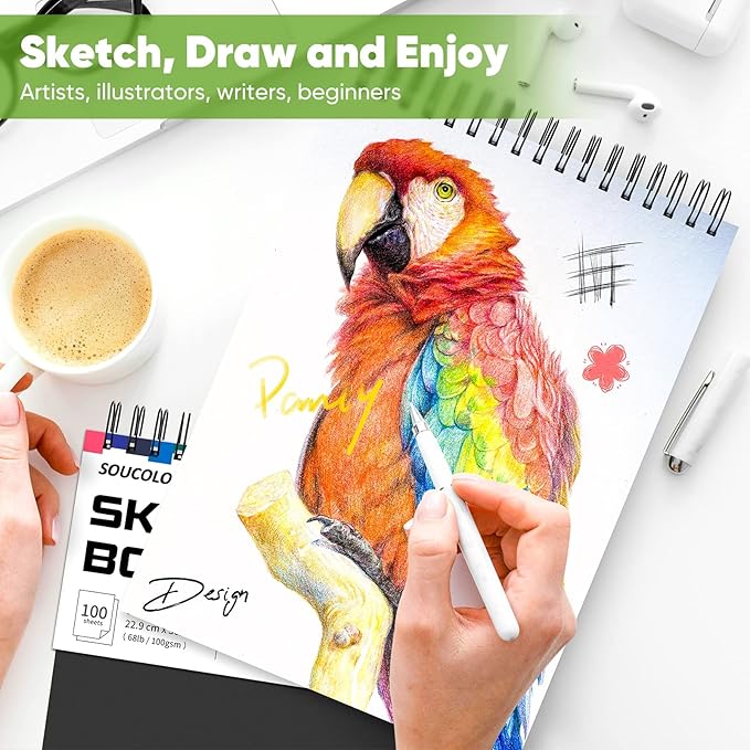 Soucolor 9" x 12" Sketch Book, 3-Pack 100 Sheets Spiral Bound Art Sketchbook, Acid Free (68lb/100gsm) Artist Drawing Book Paper Painting Sketching Pad