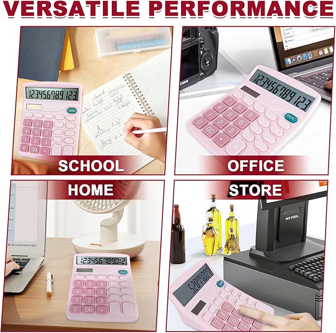 Basic Calculator with Comfortable Large LCD Display, 12 Digits Calculators Desktop, Tilt Screen, Big Button, Desk Calculator with Dual Power (Solar & Battery Included) (Pink)