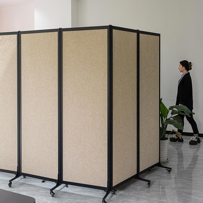 Upgrade Version Room Partition and Divider, Freestanding Rolling Dividers with Wheels,Office Privacy Screen Divider Wall,Classroom Felt Dividers,12'2"L* 6'7"H,6 Panel,Beige