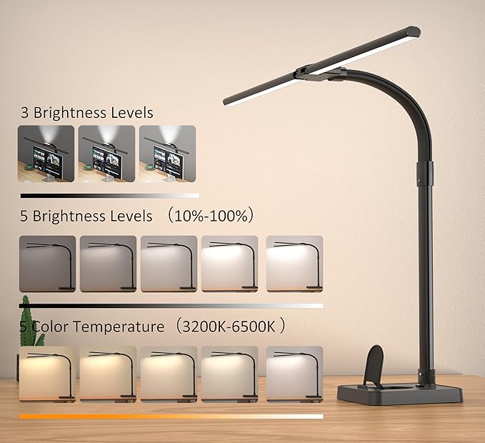 Double Head LED Desk Lamp, Architect Desk Lamps for Home Office, 24W Brightest Workbench Office Lighting-5 Color Modes and 5 Dimmable Eye Protection Modern Desk Lamp (Black-Desktop, Big)
