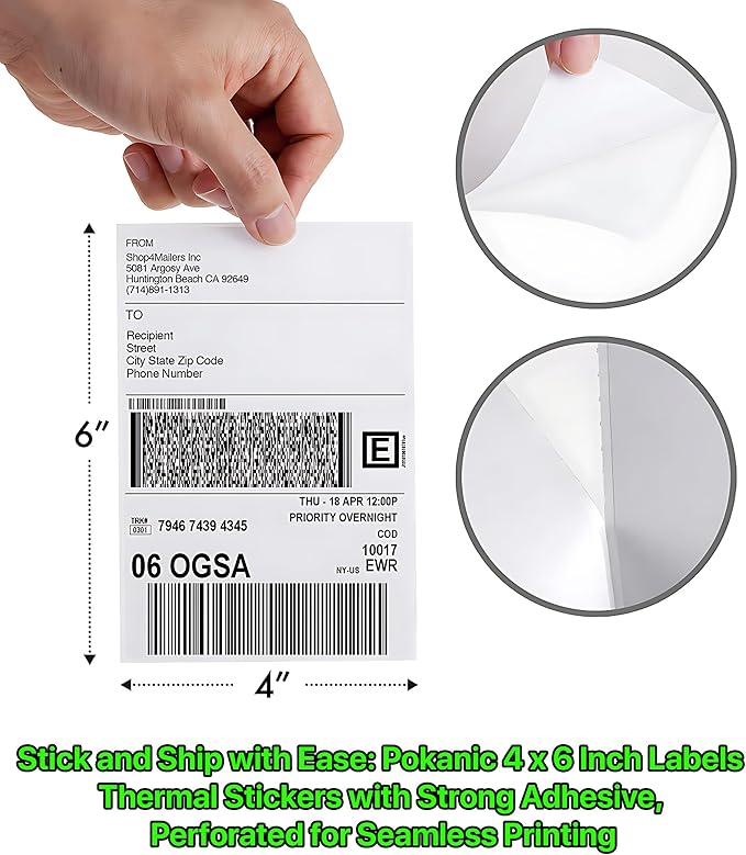 Roll 4 x 6 inch - 500 Thermal Labels Direct White Strong Adhesive Perforated Postage Shipping Printer Compatible with Zebra SNBC Epson Rollo (500 Labels, 1 Roll)