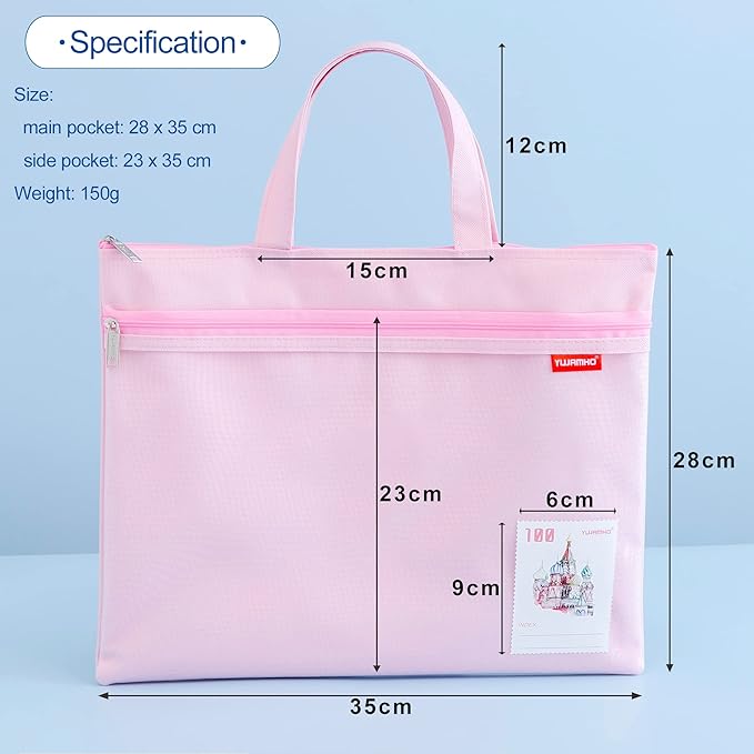pendancy Mesh Zipper Pouch 11x13.7 in, Large Double Pocket Waterproof File Bag with Handle, A4 Size Foldable Document Storage for Puzzle Project/Cross Stitch/Travel/Office(Pink)
