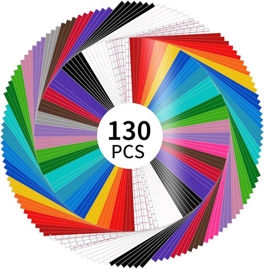 LYA Vinyl 130 Pack Permanent Vinyl - 12 "x12 Self Adhesive Vinyl Sheets,120 Sheets & 10 Transfer Tape Sheets for Cutting Machines and Decor Sticker