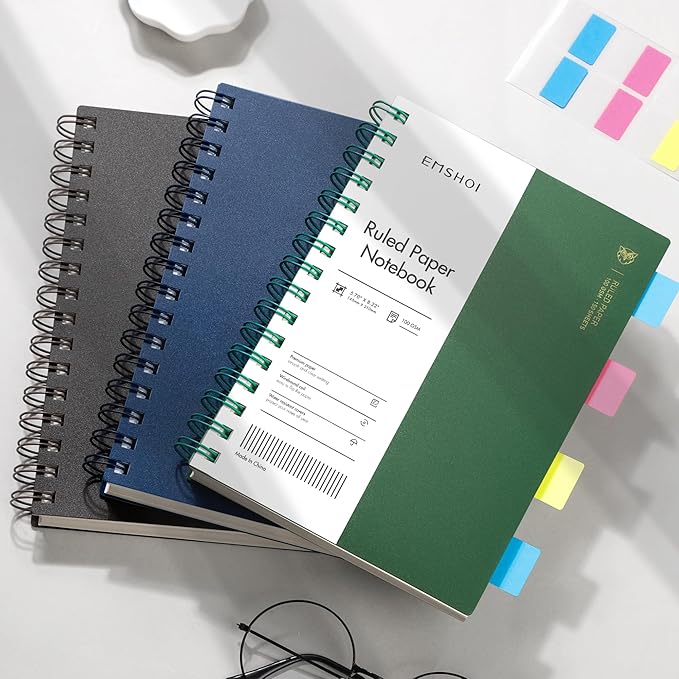 EMSHOI A5 Spiral Notebook College Ruled Lined Journal, Small 5.7" X 8.22", 300 Pages/150 Sheets, 100gsm Thick Paper, Waterproof Hardcover, for Office School Women Men Work Writing Notes, Coffee