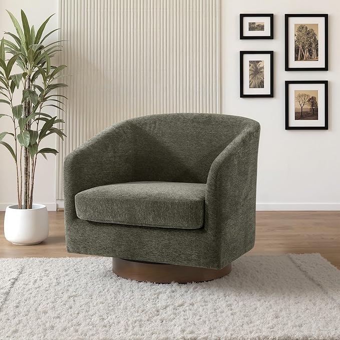 UIXE Swivel Accent Chair with Wood Base, Chenille Upholstered Barrel Chairs for Living Room, Comfy Round Armchair Single Sofa Bedroom Reading Seat - 31" W, Tan