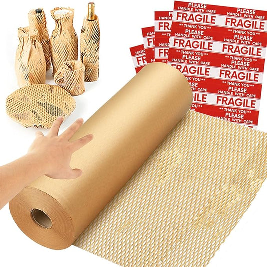 Honeycomb Packing Paper Wrap 15''x328', Substitute Alternative for Bubble Cushioning Wrap for Moving Shipping Packaging, Recyclable Moving Supplies with 48 Fragile Sticker Labels