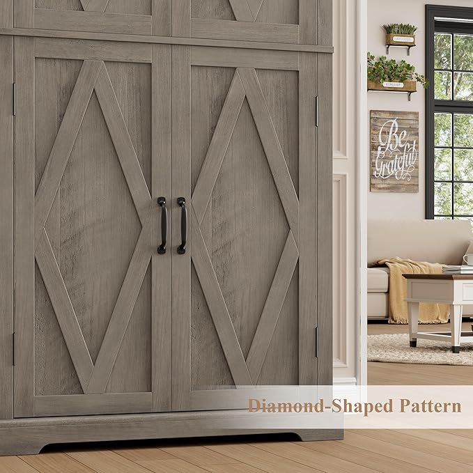 HOSTACK 64" Tall Pantry Cabinet, Modern Farmhouse Kitchen Pantry, Wood Bathroom Storage Cabinet, Large Bookcase, 4 Doors|Adjustable Shelves, for Dining Room, Living Room, Home Office, Ash Grey