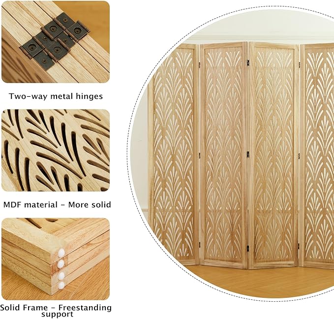 5.6Ft Room Divider Folding Wood Simple Carved Partition Screen for Home Office Garden - 4 Panels (Natural)