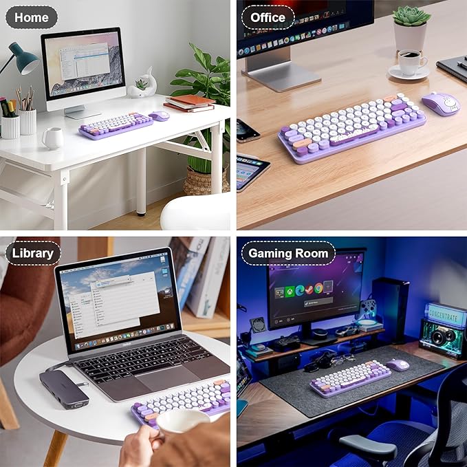 FOPETT Wireless Keyboard and Mouse Cute Mouse and Keyboard 2.4G Wireless Keyboards with Colorful 68 Keys Typewriter Retro Round Keycap for PC, Laptop,Tablet,Computer Windows - Purple Colorful