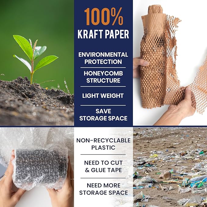 Honeycomb Packing Paper 15" x 300ft with Rope & 20 Fragile Stickers|Shipping & Moving Supplies|Small Business Packaging Supplies|Eco Friendly Bubble Wrap Packing Boxes for Moving Certified FSC C204227