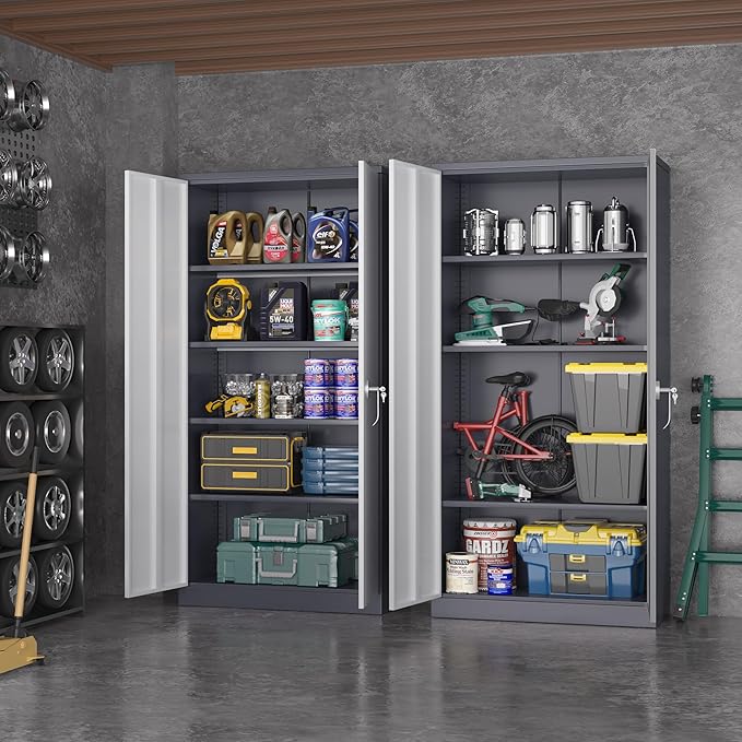 Greenvelly Metal Garage Storage Cabinet, Tall Steel Storage Cabinets with 2 Doors and 4 Adjustable Shelves, Metal Tool Cabinets, Locking File Cabinet for Home Office, Garage, School (Gray White)
