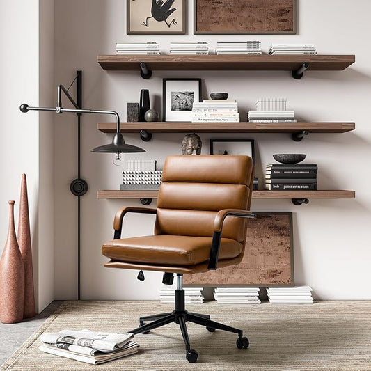 HULALA HOME Modern Faux Leather Home Office Chair with Tilt Lock & Metal Base, Desk Chair with Wheels & Padded Cushion, 360Β° Swivel Wide Seat Computer Task Chair, Camel