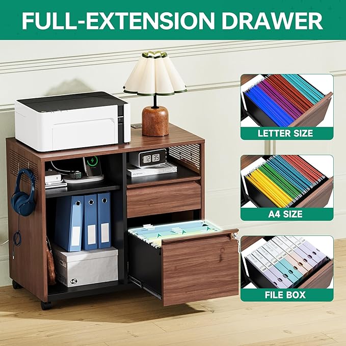Letaya Mobile 2 Drawer File Cabinet with Lock, Metal Lateral Printer Stand Filing Storage Cabinets with Shelves for Home Office-A4/F4/Letter (Charging Socket)
