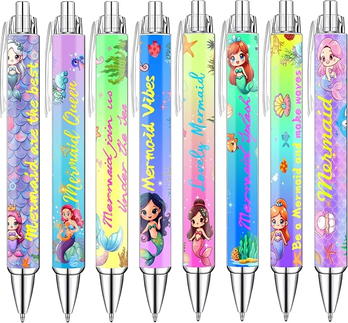 Mermaid Pens for Girls β Cute Mermaid-Themed Ballpoint Pen Set for Kids, Teens, and Ocean Lovers β Fun Stationery Gift for School, Journaling, Drawing, or Writing β 8 Colorful Pens with Smooth Ink