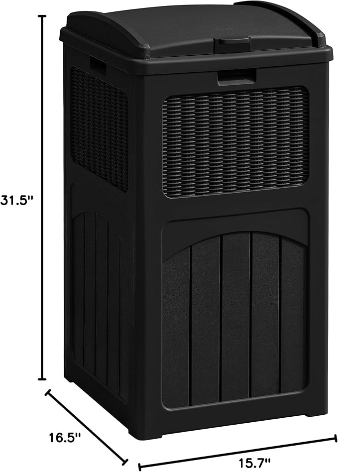 Greesum 33 Gallon Outdoor Trash Can with Lid, Waterproof Resin Garbage Bin for Hideaway, Deck, Patio, Black