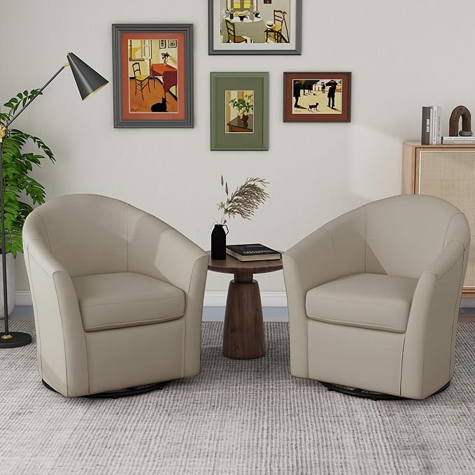 UIXE 360° Swivel Barrel Accent Chairs Set of 2, Modern Round Arm Chair Upholstered Club Armchair, Single Sofa Seating in Fabric for Living Room, Bedroom (Flax Brown)