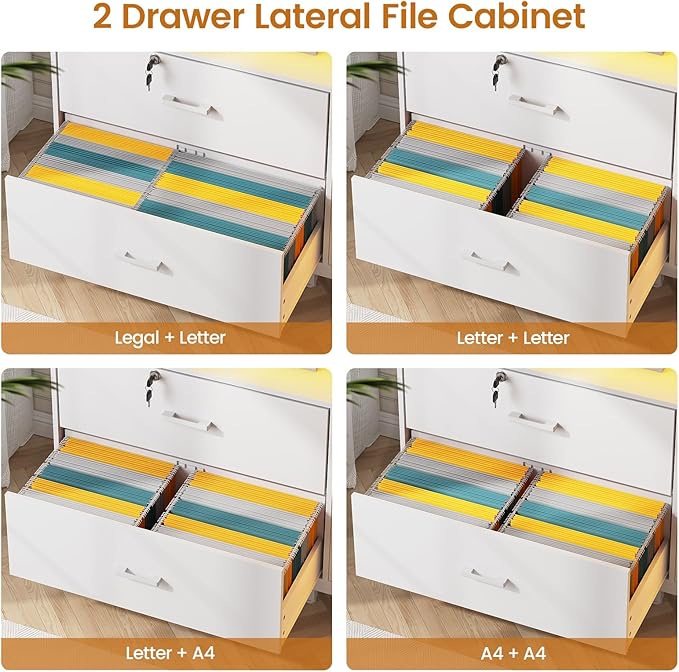 SEDETA 59" File Cabinet, 2 Drawers Filing Cabinets for Home Office fit Legal/Letter/A4 File, File Cabinet with Lock & Power Outlets, Printer Stand with Storage & LED Lights, White