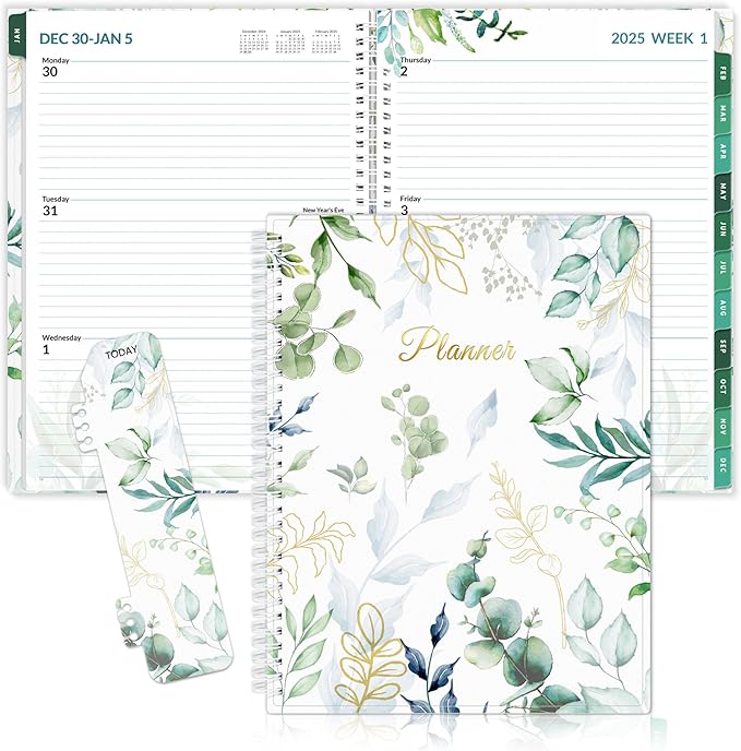 SUNEE 2025 Weekly and Monthly Planner - from January 2025 - December 2025, 8.5"x11" Daily Agenda Planner with Monthly Tab, Flexible Cover, Note Pages, Pockets, Bookmark, Spiral Binding, Eucalyptus